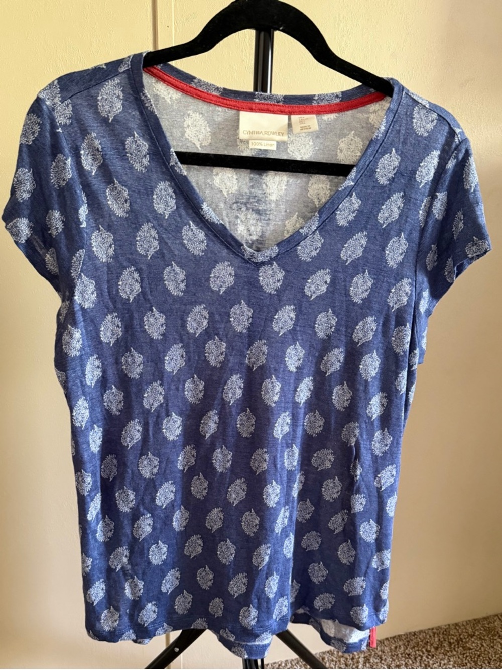 Cynthia Rowley Blue Printed V-Neck Soft Linen Tee Size Large